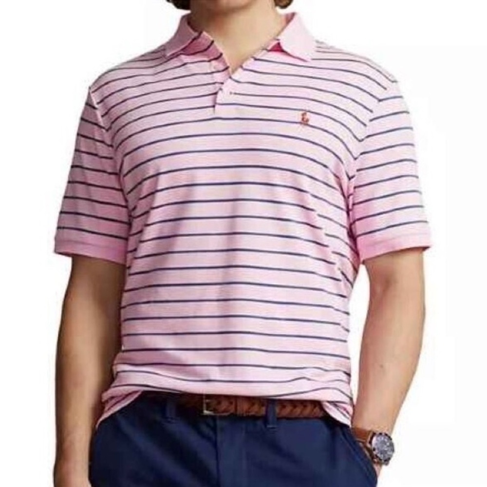 Ralph Lauren Polo Shirt Pink‎ Blue Striped 100% Cotton Classic Men’s Size Large